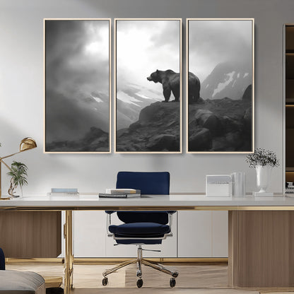 49504-MGV-CV-36X24-Black and White Grizzly Bear Wall Art – Wilderness Wildlife Painting, Rustic Mountain Cabin Decor, Monochrome Animal Print for