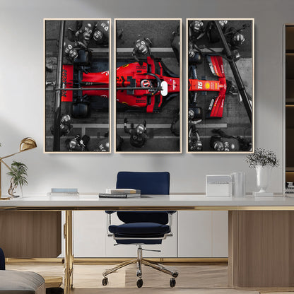 99356-MGV-FC-48X32-3P_Natural-Ferrari Pit Stop Wall Art – Formula 1 Racing Car Canvas Print, Red Speed Machine Motorsport Decor for Office, Garage, Man Cave or