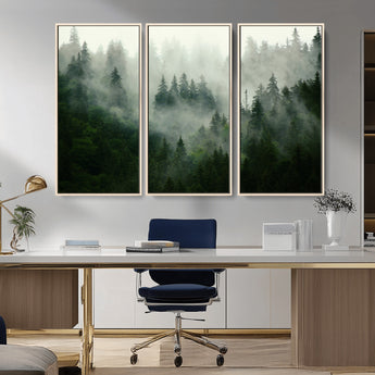 167720496-MGV-FC-48X32-3P_Natural-Misty Forest Wall Art – Serene Evergreen Trees Canvas Print, Foggy Mountain Nature Landscape Decor for Bedroom, Living Room or