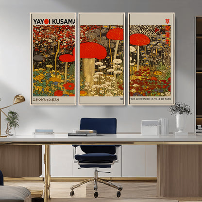 38013-MGV-CV-36X24-Yayoi Kusama Inspired Mushroom Garden Wall Art – Whimsical Botanical Canvas Print, Surreal Nature Poster, Fantasy Floral Artwork