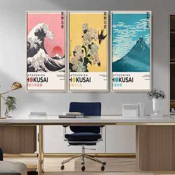 Katsushika-MGV-CV-36X24-Katsushika Hokusai Wall Art Set – The Great Wave, Hydrangea and Swallow, Fine Wind Canvas Prints, Japanese Ukiyo e Style Home and