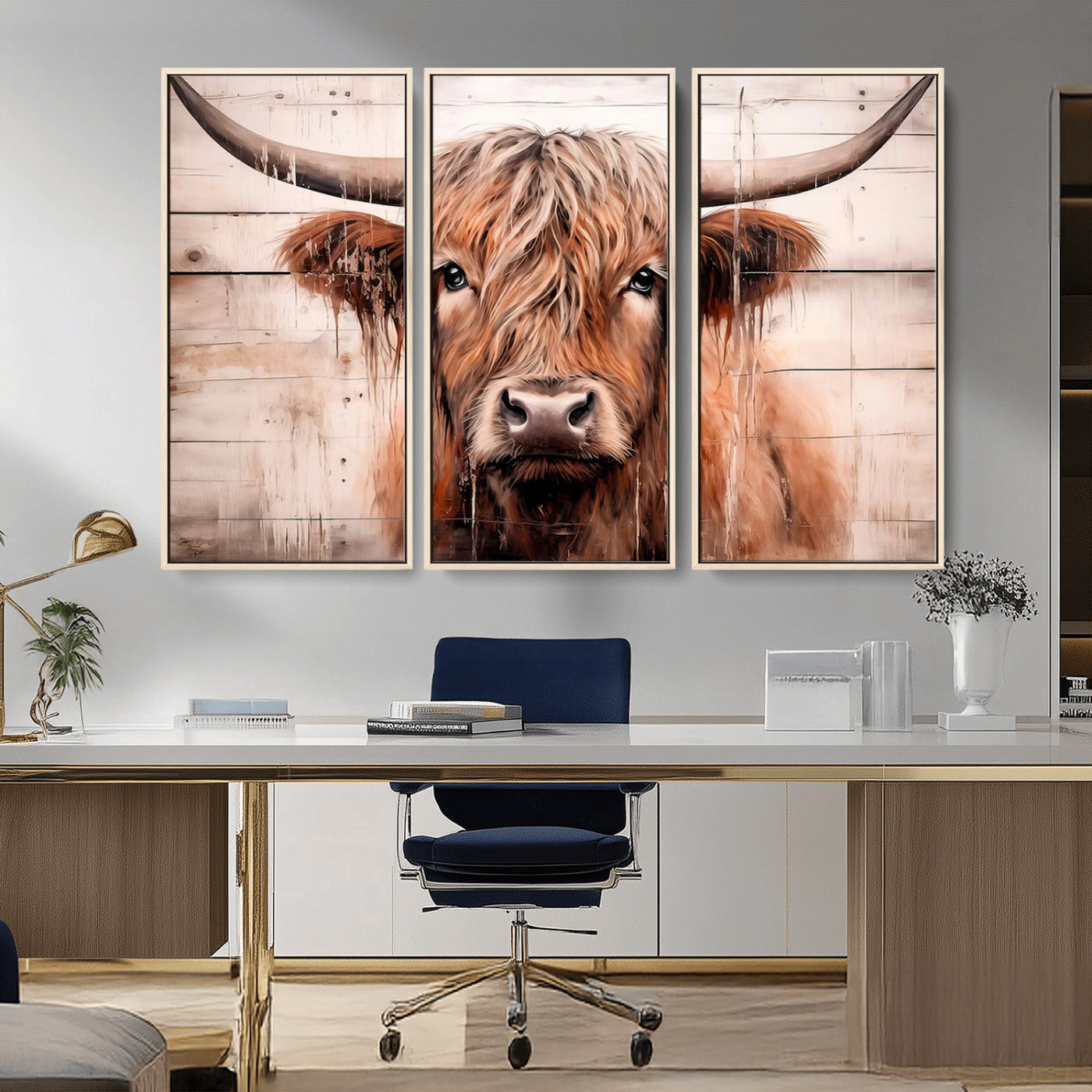 93730-MGV-CV-36X24-Scottish Cow Wall Art Canvas Print, Framed Longhorn Cow Art Picture Print, Highland Cattle Perfect Rustic Farmhouse Decor Artwork