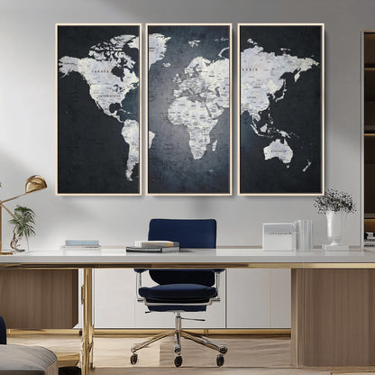 19124-MGV-CV-36X24-Modern World Map Wall Art – Black and White Canvas Print, Minimalist Global Map Decor for Office, Study, Bedroom or Living Room