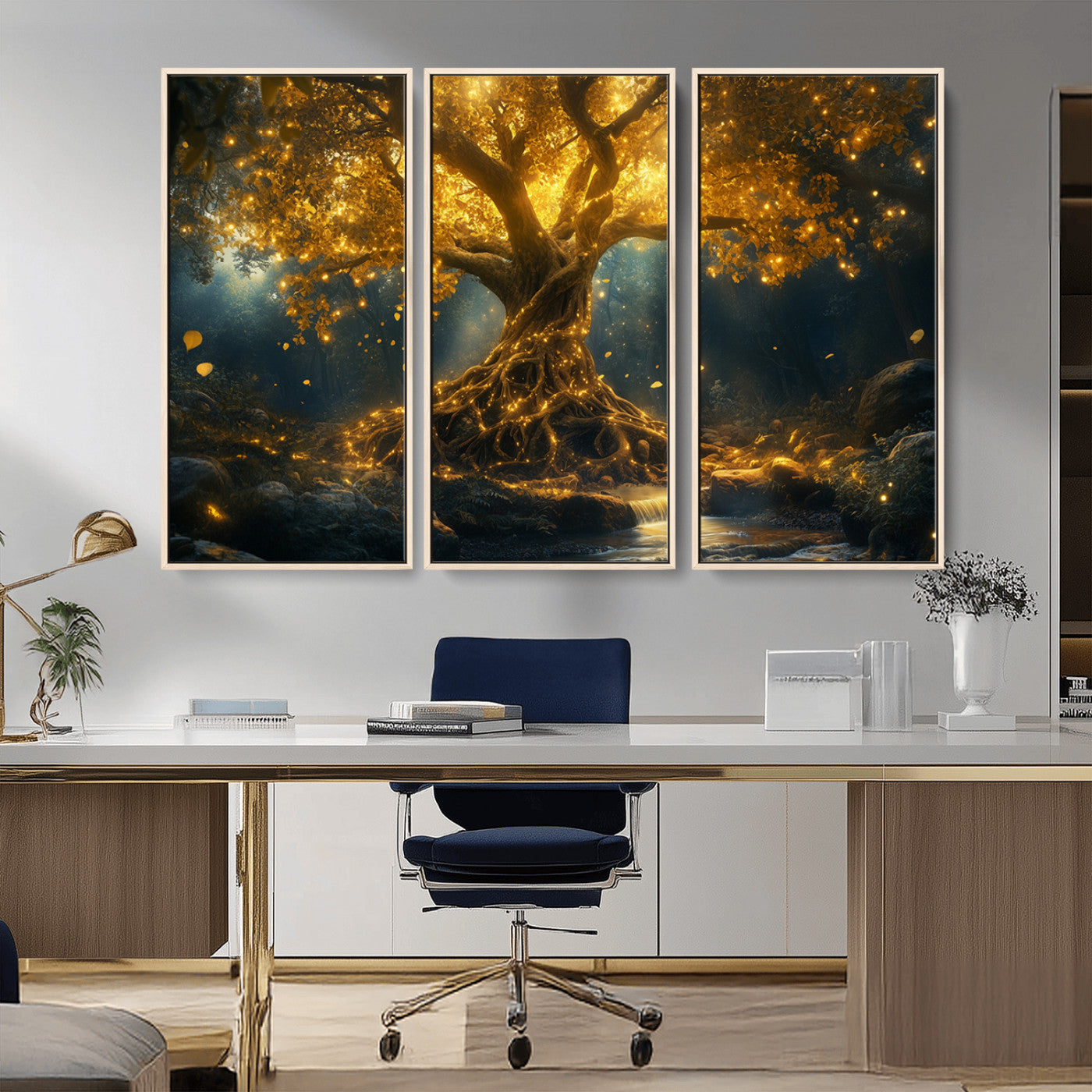 92739-MGV-CV-36X24-Glowing Tree Wall Art – Enchanted Golden Forest Canvas Print, Mystical Illuminated Nature Painting Poster for Living Room,