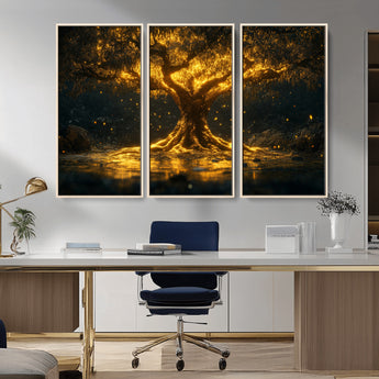 59580-MGV-CV-36X24-Glowing Tree Wall Art – Golden Fantasy Nature Canvas Print, Mystical Illuminated Tree Painting Poster for Living Room, Bedroom,