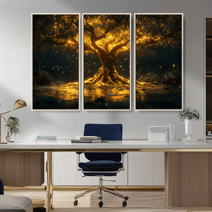 59580-MGV-CV-36X24-Glowing Tree Wall Art – Golden Fantasy Nature Canvas Print, Mystical Illuminated Tree Painting Poster for Living Room, Bedroom,