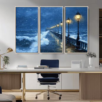 32668-MGV-CV-36X24-Stormy Pier Wall Art – Ocean Waves and Street Lamps Canvas Print, Rainy Night Seascape Oil Painting Poster for Living Room,