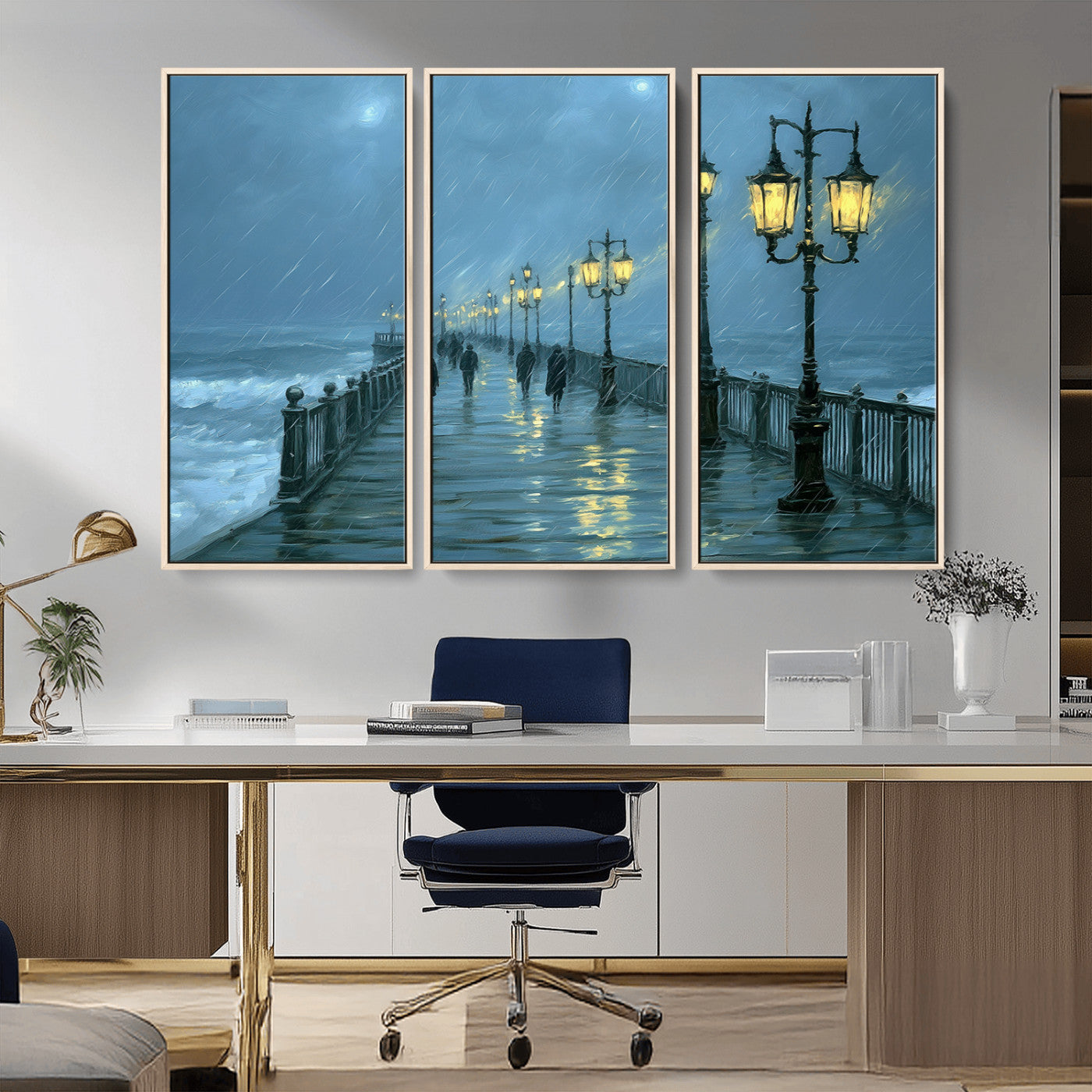 79606-MGV-CV-36X24-Rainy Pier Night Wall Art – Ocean Waves and Street Lamps Canvas Print, Moody Seascape Oil Painting Poster for Living Room,