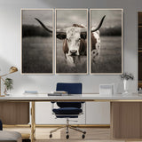 69238-MGV-CV-36X24-Longhorn Bull Wall Art – Rustic Black and White Texas Cattle Canvas Print, Western Farmhouse Animal Photography for Living Room,