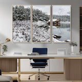 29975-MGV-FC-48X32-3P_Natural-Winter Cabin by the Lake Wall Art – Snowy Mountain Landscape Canvas Print, Rustic Lodge Cabin Decor for Cozy Living Room, Bedroom