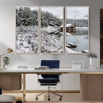 29975-MGV-FC-48X32-3P_Natural-Winter Cabin by the Lake Wall Art – Snowy Mountain Landscape Canvas Print, Rustic Lodge Cabin Decor for Cozy Living Room, Bedroom