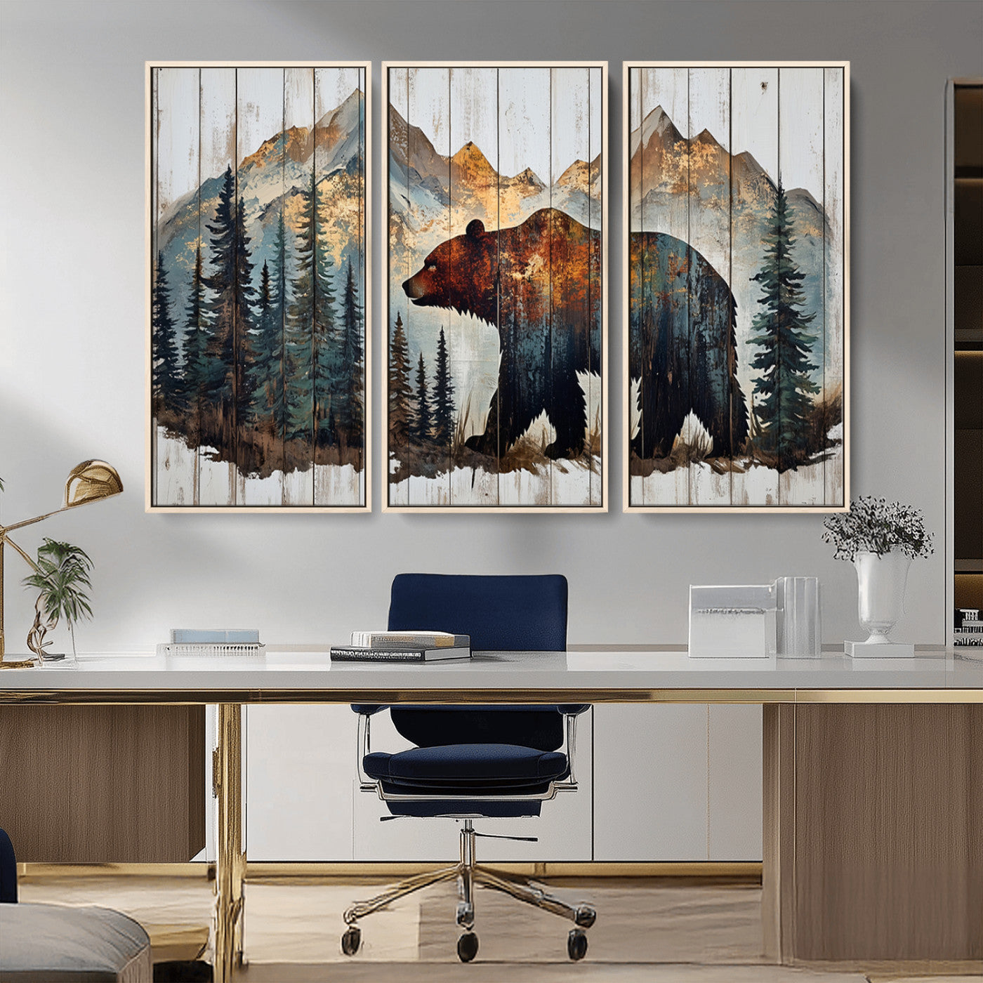 55777-MGV-CV-36X24-Rustic Bear Wall Art Canvas Print, Framed Mountain and Forest Art Picture Print, Wooden Bear Perfect Rustic Lodge Decor Artwork