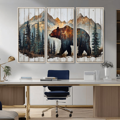 55777-MGV-CV-36X24-Rustic Bear Wall Art Canvas Print, Framed Mountain and Forest Art Picture Print, Wooden Bear Perfect Rustic Lodge Decor Artwork
