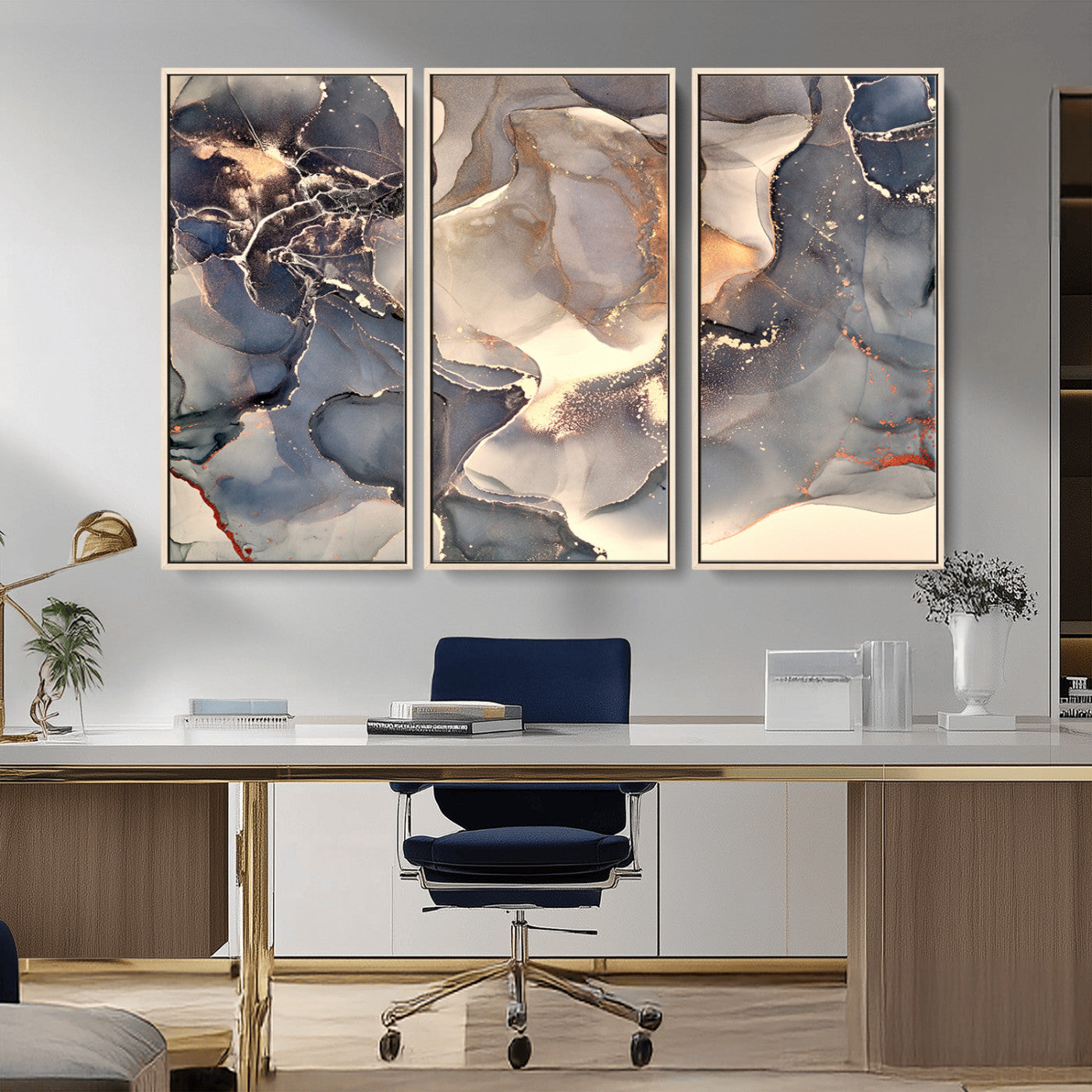 18202-MGV-FC-48X32-3P_Natural-Abstract Neutral Wall Art – Blue, Beige and Gold Fluid Ink Canvas Print, Modern Minimalist Painting for Living Room, Office