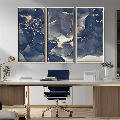 28282-MGV-CV-36X24-Blue Abstract Wall Art – Modern Ink Swirl Canvas Print, Contemporary Navy and Gold Painting for Living Room, Bedroom, Office or