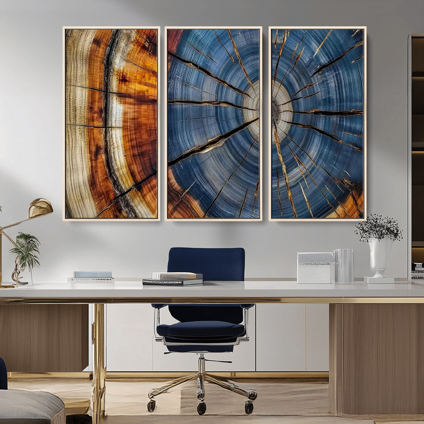 10583-MGV-CV-36X24-Tree Ring Wall Art – Abstract Wood Grain Canvas Print with Blue and Brown Tones, Nature Inspired Rustic Artwork for Living Room,