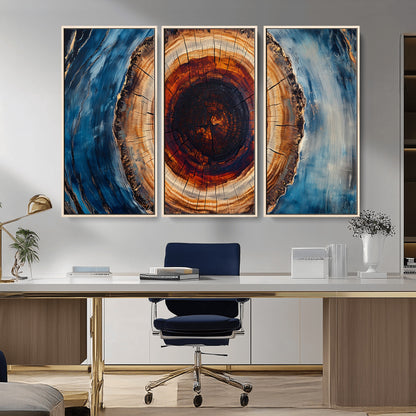 30457-MGV-CV-36X24-Tree Ring Wall Art – Abstract Wood Grain Canvas Print with Brown and Blue Swirl, Rustic Nature Inspired Artwork for Living Room,