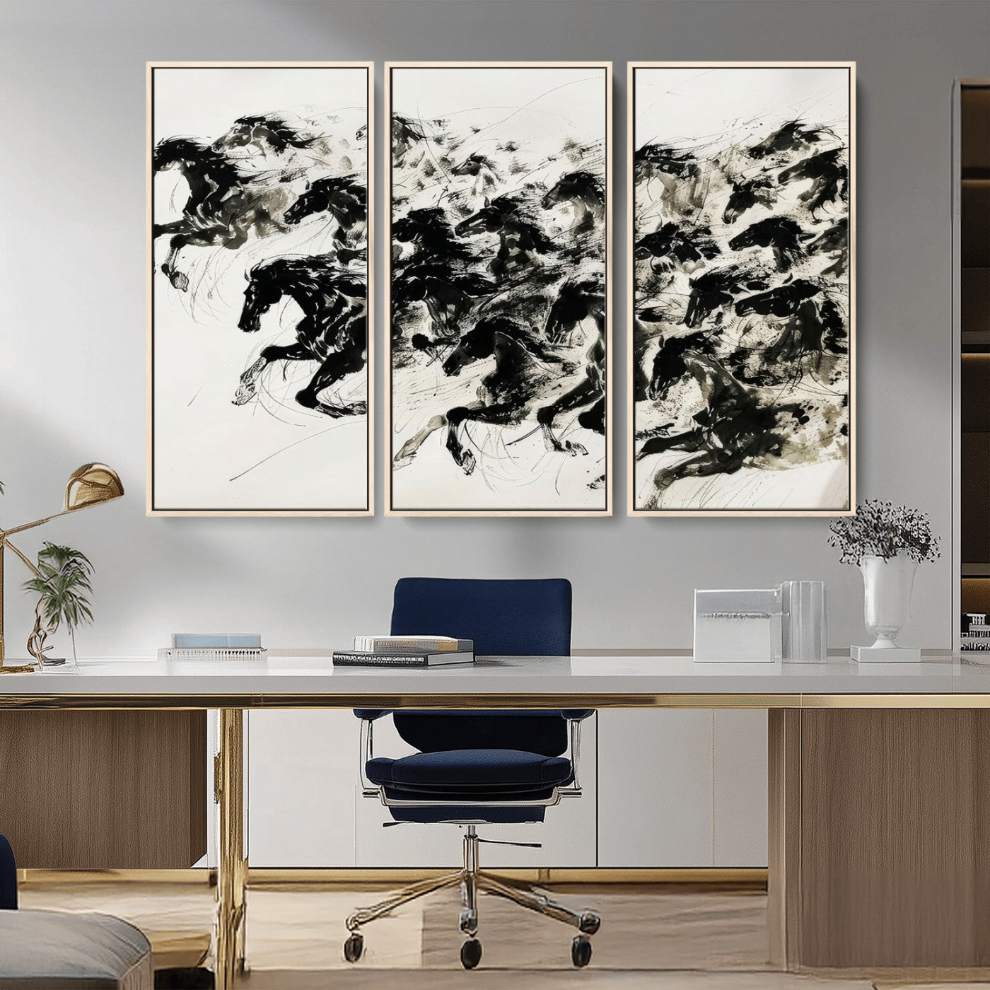 23069-MGV-CV-36X24-Galloping Horses Wall Art – Black Ink Painting on Canvas, Dynamic Equestrian Artwork with Running Stallions, Expressive Modern