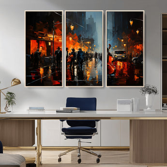 32816-MGV-FC-48X32-3P_Natural-City Jazz Night Wall Art – Modern Abstract Urban Street Scene Canvas Print, Moody Music-Themed Decor for Living Room, Office, or
