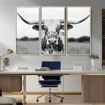 20272-MGV-FC-48X32-3P_Natural-Texas Longhorn Wall Art – Black and White Cowboy Western Canvas Print, Rustic Farmhouse Cattle Photography Decor for Ranch, Barn