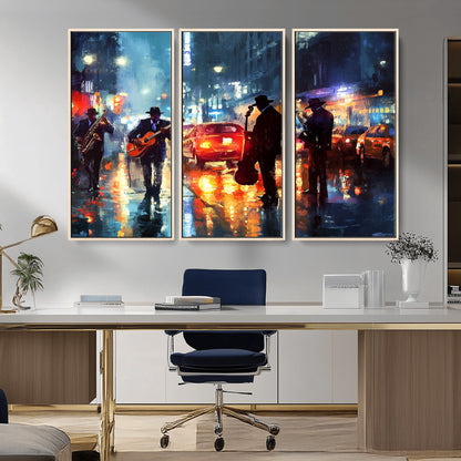 94605-MGV-CV-36X24-City Jazz Night Wall Art – Vibrant Music Canvas Print Featuring Saxophone, Guitar and Bass Players, Urban Street Scene Artwork for