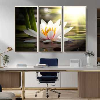40478-MGV-CV-36X24-Water Lily Wall Art – White Lotus Flower Canvas Print with Sunlight Reflection, Serene Botanical Artwork for Living Room, Bedroom,