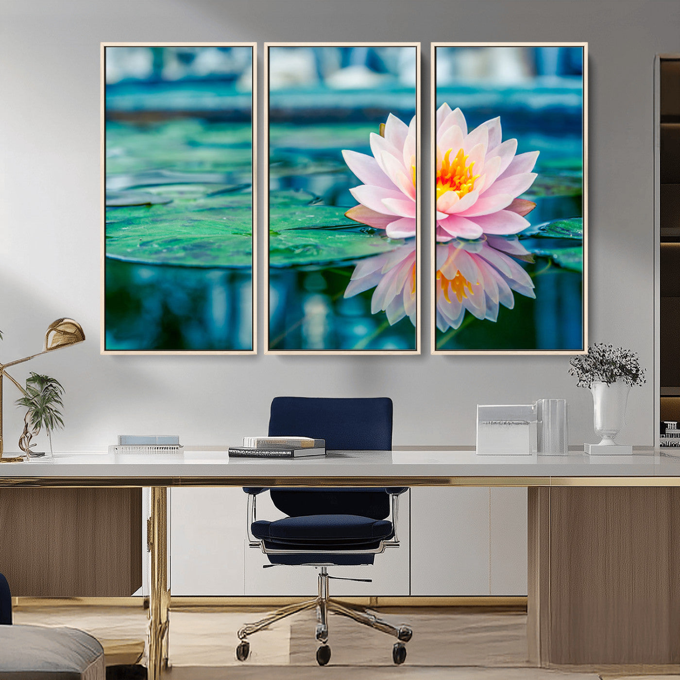 65933-MGV-CV-36X24-Pink Water Lily Wall Art – Lotus Flower Canvas Print with Reflection on Calm Water, Peaceful Botanical Artwork for Living Room,