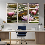 72218-MGV-CV-36X24-Water Lily Pond Wall Art – Pink Lotus Flowers Canvas Print with Green Lily Pads, Peaceful Botanical Artwork for Living Room,
