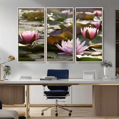 72218-MGV-CV-36X24-Water Lily Pond Wall Art – Pink Lotus Flowers Canvas Print with Green Lily Pads, Peaceful Botanical Artwork for Living Room,