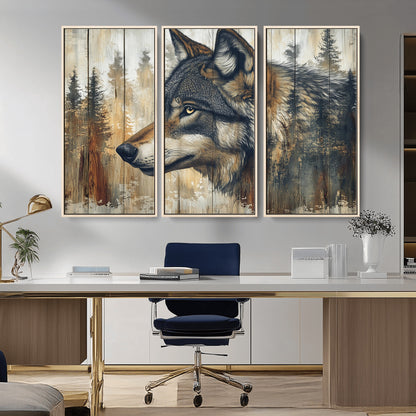 91882-MGV-FC-48X32-3P_Natural-Wolf Wall Art – Rustic Canvas Print of Forest Wolf on Wood Background, Wildlife Lodge Artwork for Living Room, Bedroom, Cabin, or