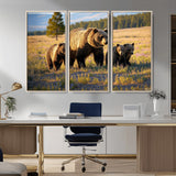 43400-MGV-CV-36X24-Bear Family Wall Art – Wildlife Canvas Print of Mother Bear with Cubs in Sunlit Meadow, Rustic Animal Artwork for Living Room,