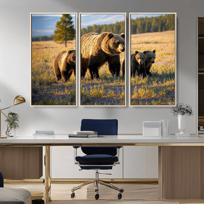 43400-MGV-CV-36X24-Bear Family Wall Art – Wildlife Canvas Print of Mother Bear with Cubs in Sunlit Meadow, Rustic Animal Artwork for Living Room,