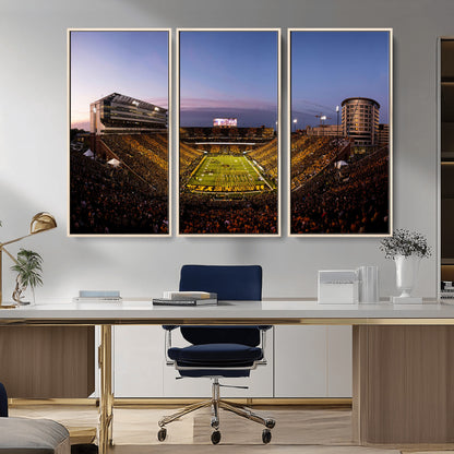 82557-MGV-CV-36X24-College Football Stadium Wall Art – Panoramic Sunset Canvas Print with Marching Band and Game Day Crowd, Sports Artwork for Man