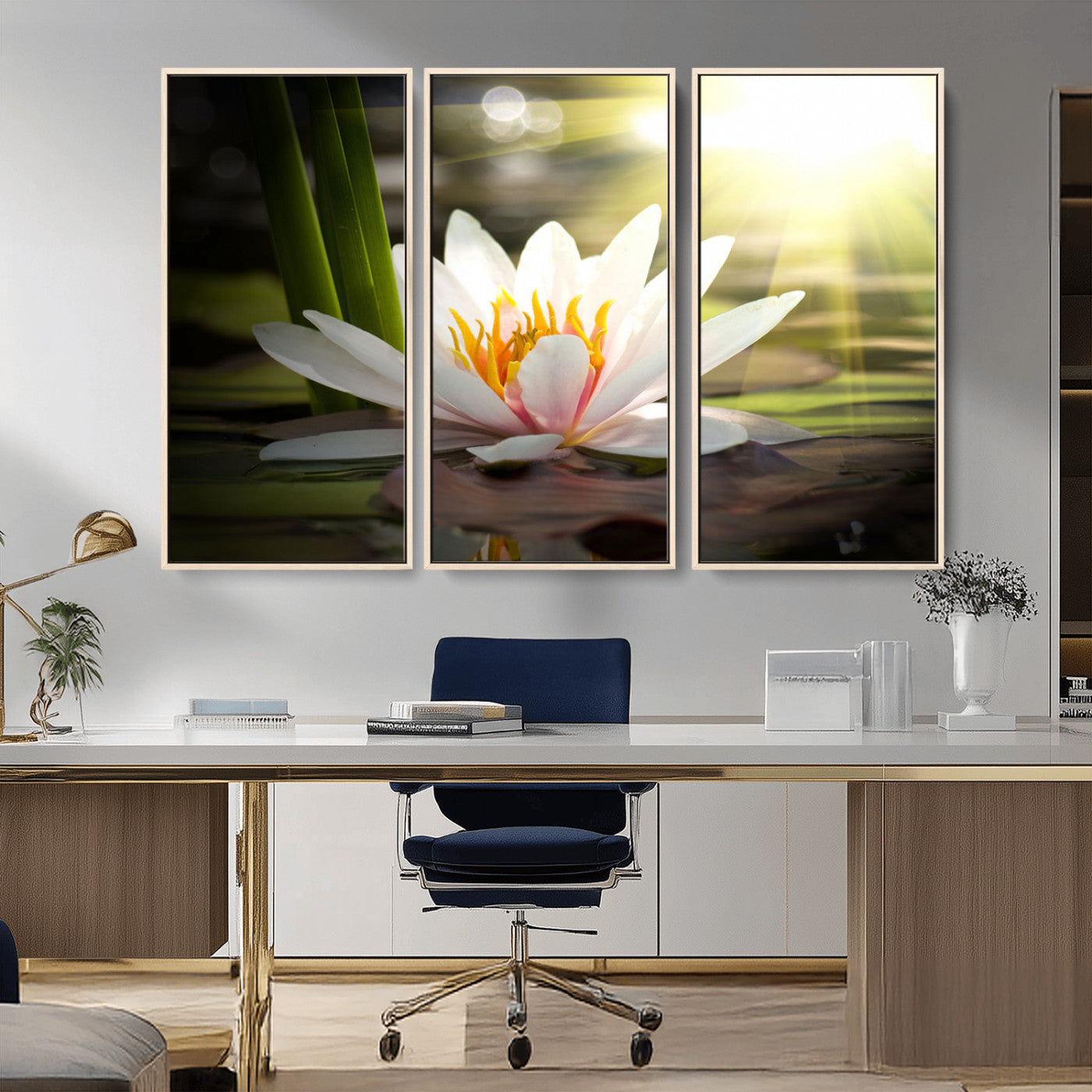 60352-MGV-CV-36X24-White Water Lily Wall Art – Lotus Flower Canvas Print with Sunlight Reflection, Peaceful Botanical Artwork for Living Room,