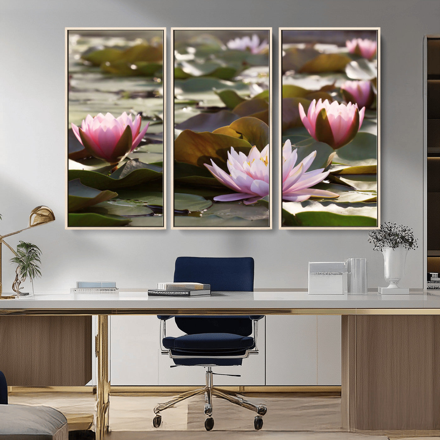 28394-MGV-CV-36X24-Water Lily Pond Wall Art – Pink Lotus Flowers Canvas Print with Green Lily Pads, Peaceful Botanical Artwork for Living Room,