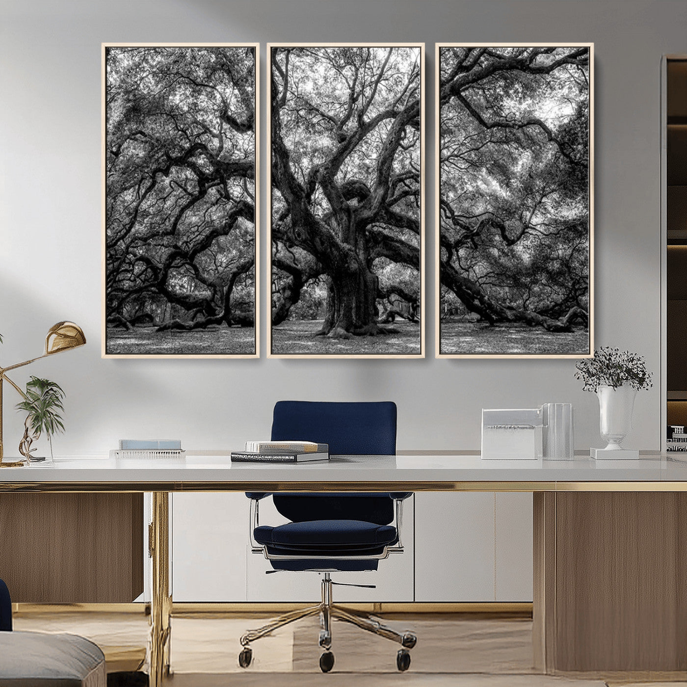 132944706-MGV-CV-36X24-Ancient Tree Wall Art – Black and White Photography Canvas Print Featuring Majestic Twisting Branches, Rustic Nature Artwork for