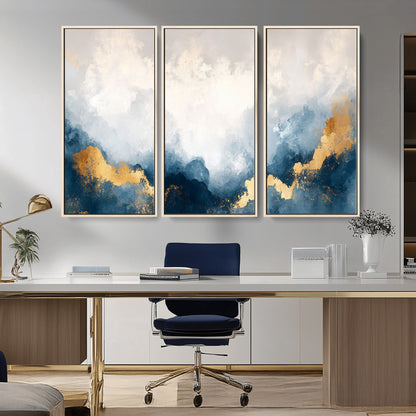 14578-MGV-CV-36X24-Abstract Wall Art – Modern Canvas Print Featuring Blue and White Clouds with Golden Accents, Contemporary Elegant Artwork for