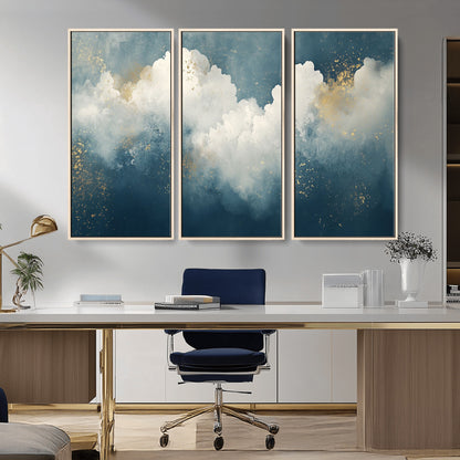 75131-MGV-CV-36X24-Abstract Cloud Wall Art – Modern Canvas Print Featuring Blue and White Clouds with Golden Accents, Contemporary Artwork for Living