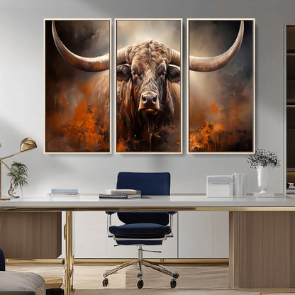 240479-MGV-CV-36X24-Longhorn Bull Wall Art – Dramatic Western Canvas Print Featuring Horned Bull with Fiery Background, Rustic Farmhouse Artwork for