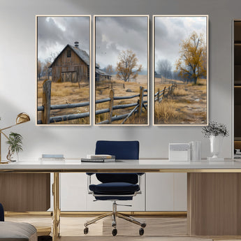 Farm1-MGV-CV-36X24-Rustic Autumn Farmhouse Wall Art – Serene Countryside Scene Canvas Print, Weathered Barn and Autumn Trees Decor for Living Room,