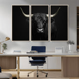 97914921-MGV-CV-36X24-Black Bull Wall Art Canvas Print, Framed Longhorn Bull Art Picture Print, Western Bull Perfect Monochrome Western Decor Artwork