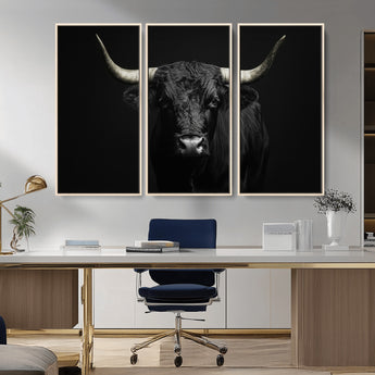 97914921-MGV-CV-36X24-Black Bull Wall Art Canvas Print, Framed Longhorn Bull Art Picture Print, Western Bull Perfect Monochrome Western Decor Artwork