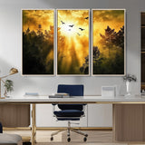 13776802-MGV-FC-48X32-3P_Natural-Golden Forest Wall Art Canvas Print, Framed Sunset Pines Art Picture Print, Flying Birds Perfect Nature Glow Decor Artwork
