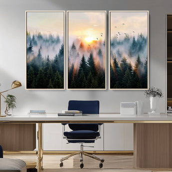56391411-MGV-CV-36X24-Misty Forest Wall Art Canvas Print, Framed Sunrise Pines Art Picture Print, Moody Pines Perfect Serene Woodland Decor Artwork