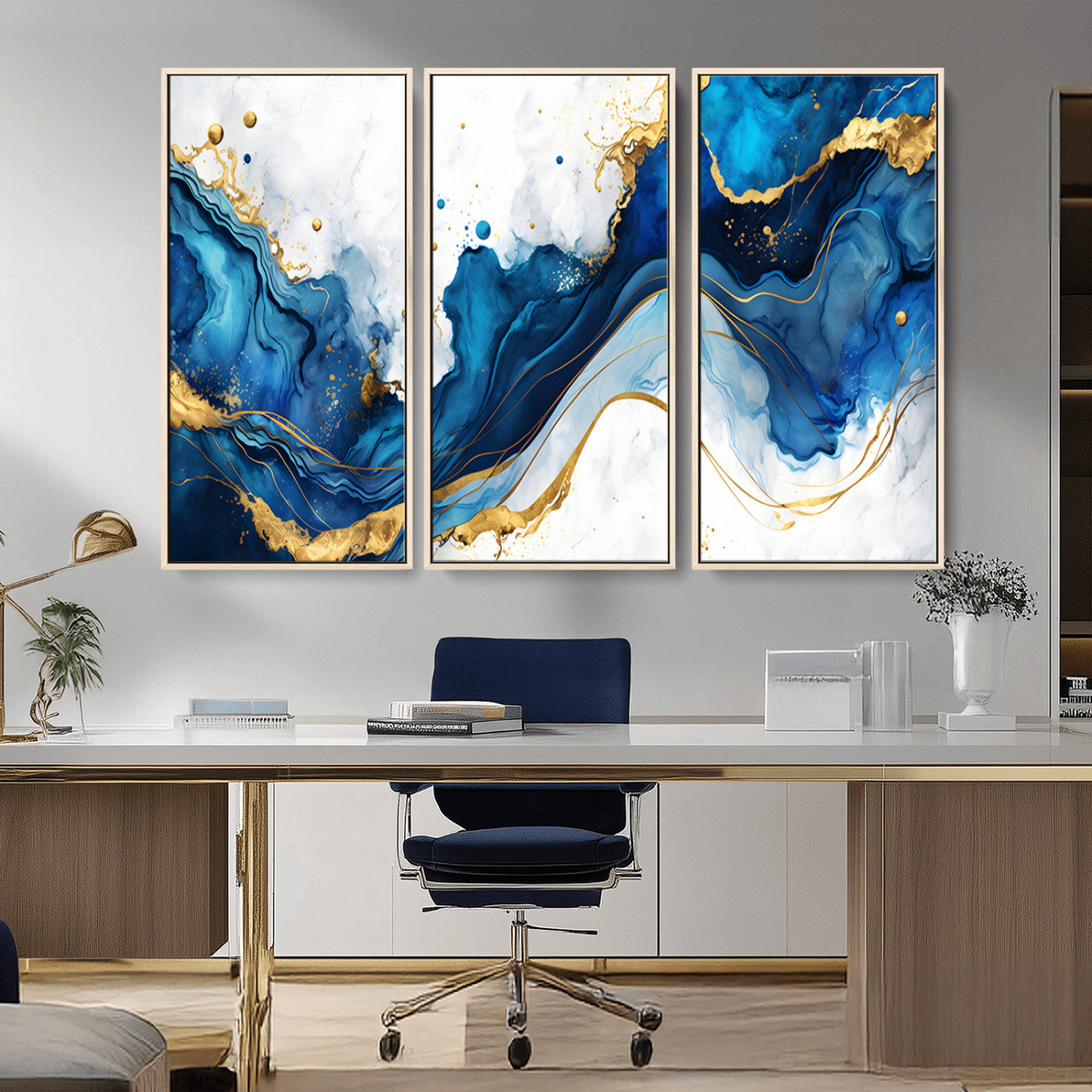 33506371-MGV-CV-36X24-Blue Marble Wall Art Canvas Print, Framed Gold Splash Art Picture Print, Abstract Wave Perfect Modern Luxe Decor Artwork