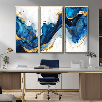 33506371-MGV-CV-36X24-Blue Marble Wall Art Canvas Print, Framed Gold Splash Art Picture Print, Abstract Wave Perfect Modern Luxe Decor Artwork