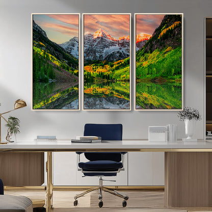 59533484-MGV-FC-48X32-3P_Natural-Maroon Bells Autumn Wall Art – Panoramic Mountain Landscape Canvas Print, Sunset Reflection Nature Artwork for Living Room, Office