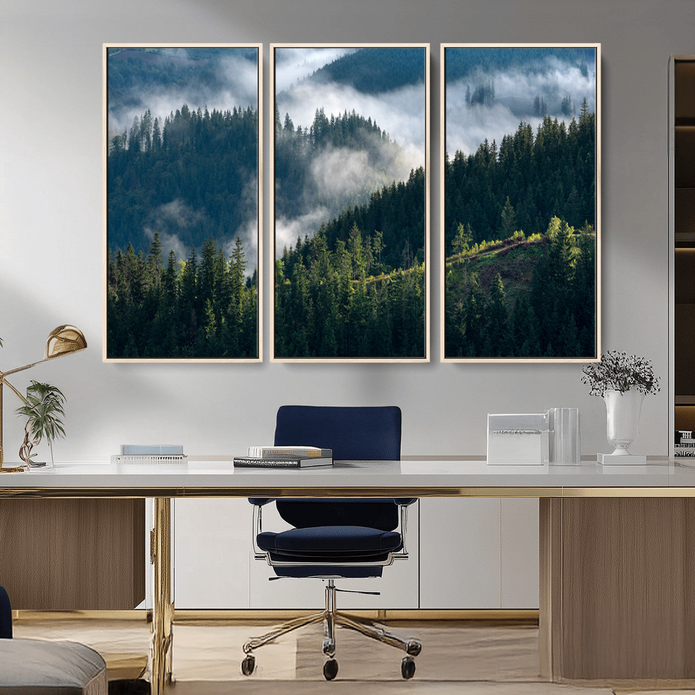 84598503-MGV-FC-48X32-3P_Natural-Misty Forest Wall Art Canvas Print, Framed Pine Hills Art Picture Print, Moody Hills Perfect Moody Woodland Decor Artwork