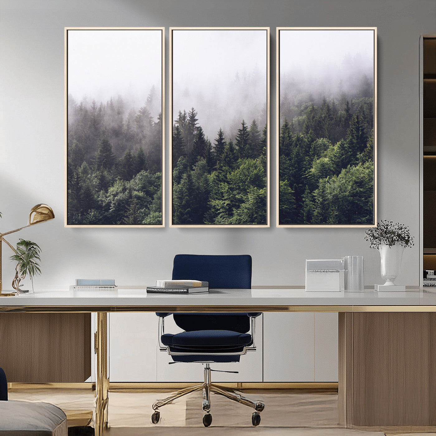 62890402-MGV-CV-36X24-Misty Forest Wall Art Canvas Print, Framed Foggy Pines Art Picture Print, Pine Valley Perfect Moody Woodland Decor Artwork