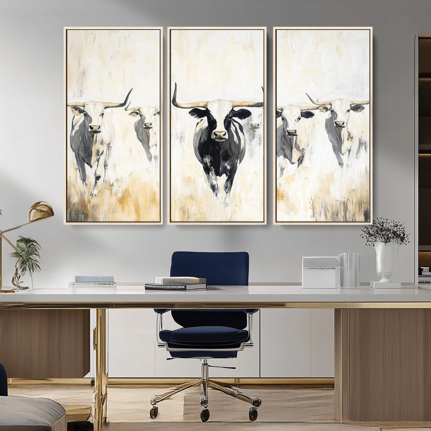 40397799-MGV-CV-36X24-Texas Longhorn Wall Art Canvas Print, Framed Rustic Herd Art Picture Print, Western Bull Perfect Neutral Western Decor Artwork